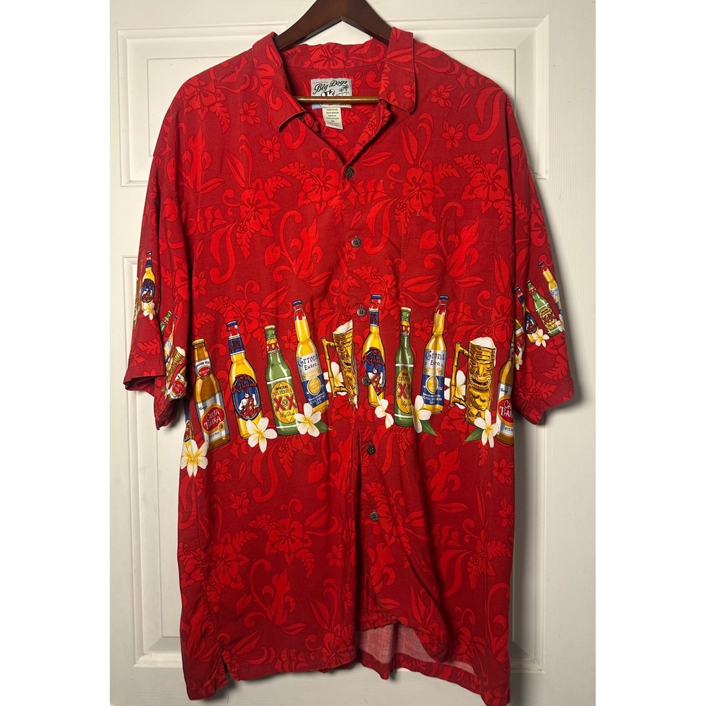 Big Dogs Mens Hawaiian‎ Shirt Red Beer Bottle Tiki Floral Rayon 2X Short Sleeve